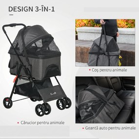 PawHut Cărucior 3 în 1 pentru Câini, Cărucior pentru Animale de Companie cu Lesă, Pernă, Coș și Baldachin, 76x51x100 cm, Gri | Aosom Romania