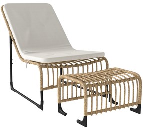 Outsunny Fotoliu de relaxare din ratan cu Fußhocker rezistent la UV, fotoliu de grădină cu perne Bänder 65 x 93 x 80 cm, lemn natural | Aosom Romania