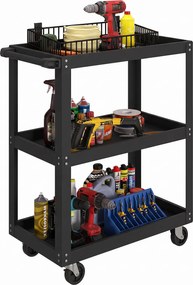 HOMCOM Cărucior pentru Scule cu 3 Rafturi cu Margini Înalte, 70,5x35x82,5 cm, Negru | Aosom Romania