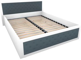 Pat Torino 160x200 cm cu somiera metalica rabatabila si lada, Alb / Piele ecologica Gri