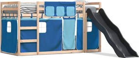vidaXL Pat supraetajat cu tobogan și perdele, albastru, 90x200 cm