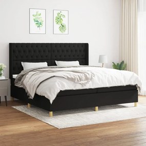 Pat box spring cu saltea, negru, 200x200 cm, textil Negru, 200 x 200 cm, Design cu nasturi