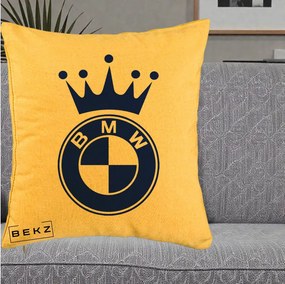 Perna Personalizata cu emblema BMW si Coroana, 40x40 cm, Galben, Husa Detasabila, Perna Inclusa, BEKZ®