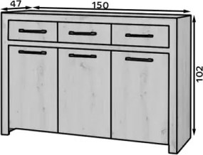 Comodă 3-door JANEZ – 150x47x102 cm – Stejar Artisan / Negru