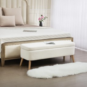 HOMCOM Bancă de depozitare, bancă cu 65 L spațiu de depozitare, material Teddy-Fleece, lemn de cauciuc, 120 x 42 x 45 cm, alb crem | Aosom Romania