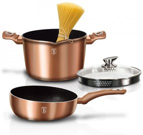 Set oala cu capac pentru paste si orez si tigaie de sotat marmorate (3 piese) din aluminiu forjat Rose Gold (Cupru) Metalic Line Berlinger Haus BH 1842N