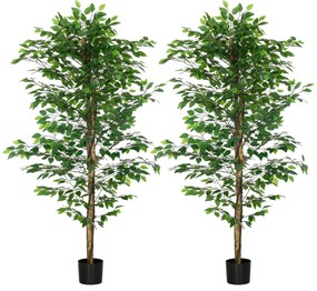 HOMCOM Set de 2 plante artificiale ficus inaltime 1,80 m trunchi crengi lina muschi frunze foarte realiste ghiveci inclus verde | Aosom Romania