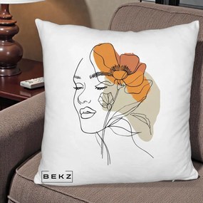 Perna Decorativa Portret Feminin Mac Mare Portocaliu, 40x40 cm, Alb Pufos, Husa Detasabila, Perna Inclusa, BEKZ®