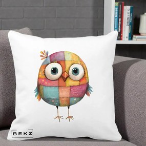 Perna Decorativa Pasare Patchwork Colorata, 40x40 cm, Alba Mata, Husa Detasabila, Perna Inclusa, BEKZ®