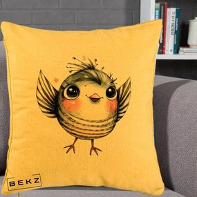 Perna Decorativa Pasare Gri cu Aripi si Inimioare, 40x40 cm, Galben, Husa Detasabila, Perna Inclusa, BEKZ®