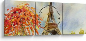Tablou pictat cu turnul Eiffel (cu ceas) (90x30 cm)