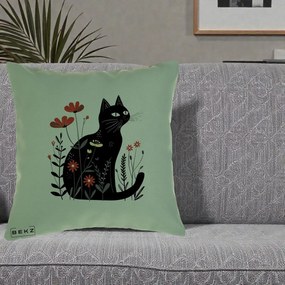 Perna Decorativa Pisica Neagra Flori Rosii Folk, 40x40 cm, Verde, Husa Detasabila, Perna Inclusa, BEKZ®