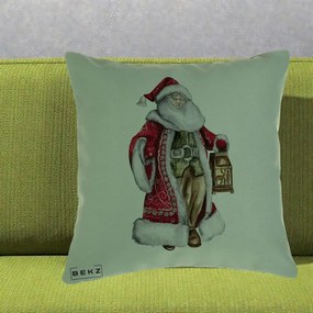 Perna Decorativa Mos Craciun Vintage cu Felinar, 40x40 cm, Verde, Husa Detasabila, Perna Inclusa, BEKZ®