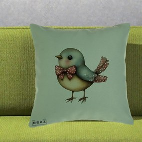 Perna Decorativa Pasare Bleu cu Fundita Rosie, 40x40 cm, Verde, Husa Detasabila, Perna Inclusa, BEKZ®