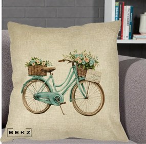 Perna Decorativa Bicicleta Teal cu Cosuri Duble de Flori Vintage, 40x40 cm, Crem, Husa Detasabila, Perna Inclusa, BEKZ®