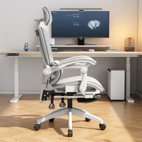 RESIGILAT- Scaun ergonomic, suport lombar dinamic, tetieră 3D, cotiere de legatura, umeras, pivotant, Mesh, Alb/Gri