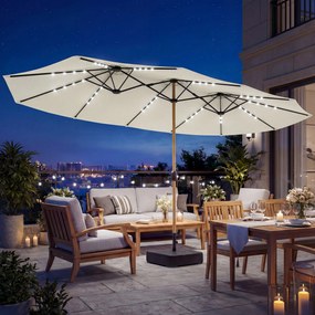 Outsunny Umbrelă dublă de grădină 4,6x2,6 m cu 48 LED-uri bază inclusă manivelă saci cu nisip anti-UV crem | Aosom Romania