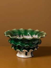 Bol pentru fructe din ceramică artizanală natur cu margini sculptate ondulat, verde, 18,5 × 33 cm, „Corola"