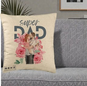 Cadou pentru Tata - Perna Personalizata Super Dad Tata cu Fetita si Flori, 40x40 cm, Bej, Husa Detasabila, Perna Inclusa, BEKZ®