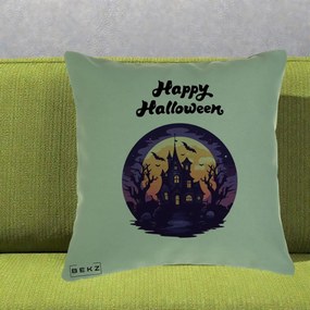 Perna Decorativa Happy Halloween Casa Bantuita Violet, 40x40 cm, Verde, Husa Detasabila, Perna Inclusa, BEKZ®