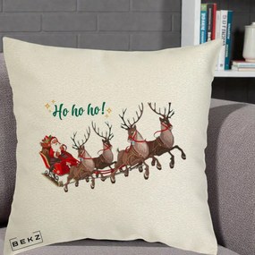 Perna Decorativa Ho Ho Ho Mos Craciun cu Sanie si Reni, 40x40 cm, Ecru, Husa Detasabila, Perna Inclusa, BEKZ®