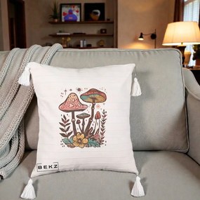 Perna Decorativa Ciuperci Boho Multicolore, 40x40 cm, Bej cu Franjuri, Husa Detasabila, Perna Inclusa, BEKZ®
