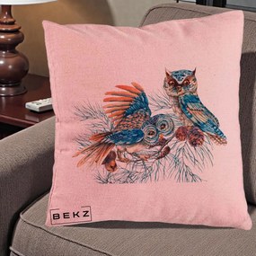 Perna Decorativa Bufnite de Iarna Albastre, 40x40 cm, Roz, Husa Detasabila, Perna Inclusa, BEKZ®