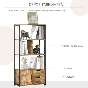 HOMCOM Biblioteca cu 3 Rafturi, Dulap si 2 Sertare, Biblioteca Stil Industrial din PAL si Metal, 58x24x122 cm, Negru si Lemn natur | Aosom Romania