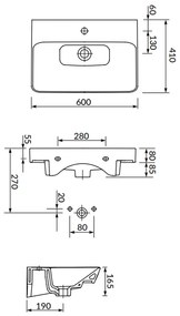 Lavoar suspendat alb 60 cm, dreptunghiular, Cersanit Mille Slim 600x410 mm