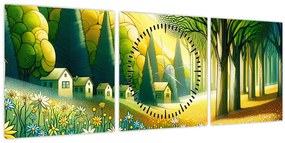 Tablou - Sat în galben-verde (cu ceas) (90x30 cm)