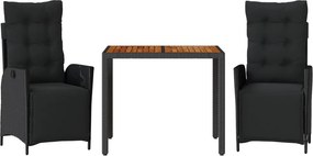 vidaXL Set mobilier de grădină cu perne, 3 piese, negru, poliratan