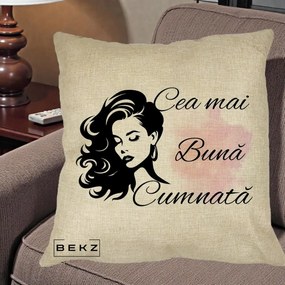 Cadou pentru Cumnata - Perna Personalizata Cea mai Buna Cumnata cu Silueta Dama si Pete Roz, 40x40 cm, Crem, Husa Detasabila, Perna Inclusa, BEKZ®