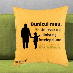 Cadou pentru Bunic - Perna Personalizata Bunicul Meu Izvor de Liniste cu Fluture si Baietel, 40x40 cm, Galben, Husa Detasabila, Perna Inclusa, BEKZ®