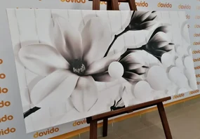 Tablou magnolie cu elemente abstracte alb-negru