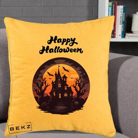 Perna Decorativa Happy Halloween Casa Bantuita Violet, 40x40 cm, Galben, Husa Detasabila, Perna Inclusa, BEKZ®