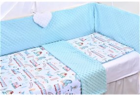 Set complet lenjerie 7 piese model trenulete si plus minky bleu alb patut 120x60 cm