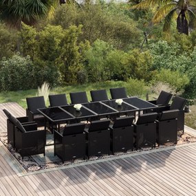 Set mobilier de gradina cu perne, 15 piese, negru, poliratan Negru, 14x fotoliu + masa, 1