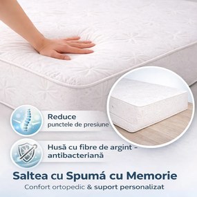 Saltea 160 cm cu Spuma cu Memorie 24 cm, Husa SilverCare Antibacteriana, Suport Ortopedic, Confort Ridicat
