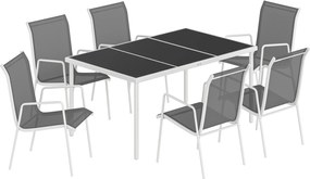 Outsunny Set masă și scaune pentru grădină cu blat din sticlă securizată, 6 scaune stivuibile și respirabile pentru terasă, Gri | Aosom Romania