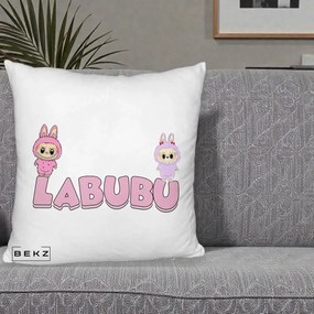 Perna Personalizata Labubu Duo Roz-Lila cu Text, 40x40 cm, Alb Pufos, Husa Detasabila, Perna Inclusa, BEKZ®