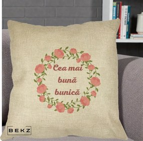 Cadou pentru Bunica - Perna Personalizata Cea Mai Buna Bunica Coronita Trandafiri Roz Clasic, 40x40 cm, Crem, Husa Detasabila, Perna Inclusa, BEKZ®