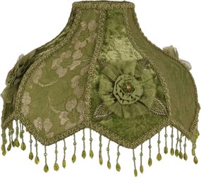 Abajur victorian din catifea, verde, în formă de cupolă, cu margine festonată, rozetă și franjuri cu mărgele, 21 x 33 cm, „Feston”