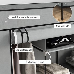 HOMCOM Dulap Portabil din Material Textil și Oțel, Garderobă cu 10 Rafturi, 4 Sertare și 2 Bare, 166x42,5x169,5 cm, Gri | Aosom Romania