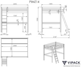 Set pat copii PINO supraetajat gri (140x200cm) și fotoliu canapea extensibil