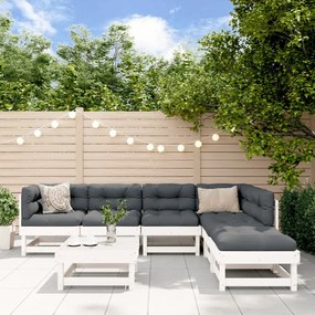 3185956 vidaXL Set mobilier de grădină cu perne, 7 piese, alb, lemn masiv