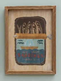 Set 2 tablouri vintage cu sardine din lemn și sticlă, natur, cu ilustrații imprimate pe hârtie, 40x30x2 cm, „Sardine"