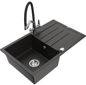Mexen Bruno chiuvetă de granit 1-cameră cu picurător și baterie de bucătărie Duo, negru/auriu metalic - 6513-75-671701-07