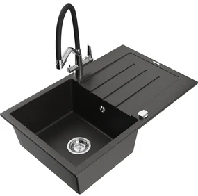 Mexen Bruno chiuvetă de granit 1-cameră cu picurător și baterie de bucătărie Duo, negru/auriu metalic - 6513-75-671701-07