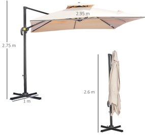 Outsunny Umbrela de Soare pentru Gradina 295x295cm Pivotanta la 360° cu Manivela, Umbrela de Soare cu brat cu Inclinare Reglabila, Kaki si Negru | Aosom Romania