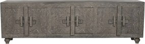 Comodă TV sculptată lungă din lemn masiv, gri, cu 6 uși, 3 rafturi și zăvoare din lemn, finisaj patinat, 61 x 200 x 40 cm, „Arvane”